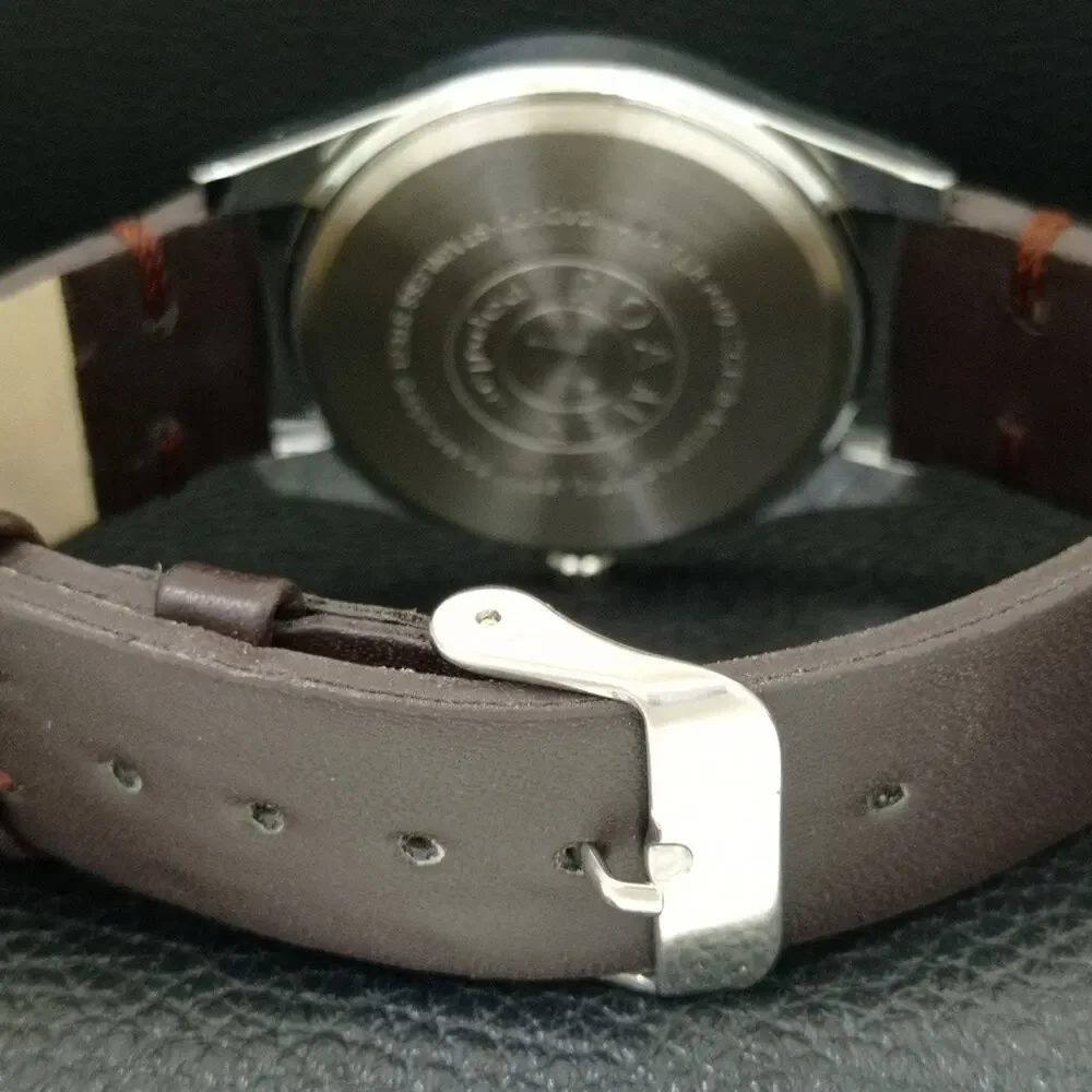 Vintage 1975 Roamer Manual Mens Silver Watch W/Leather Strap & Red accents